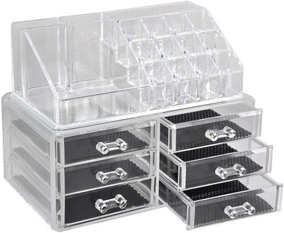 

Royalkart Acrylic 6 Drawer Home Makeup Cosmetic Conceal Lipstick Stand Eye shadow Brushes Jewellery Organizer in One Place Storage All In One Place Storage Vanity Box(white, transprent)