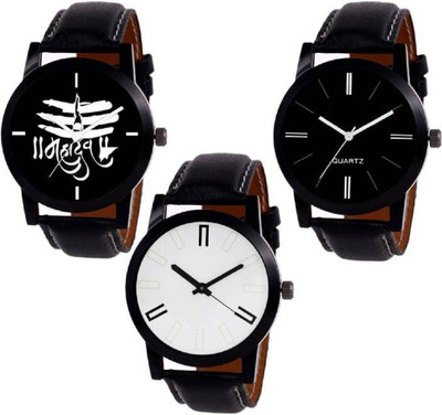

Montres New Stylish "MAHADEV" Print Dial Leather Strap Combo of 3 MW013 Boys Watch - For Men & Women