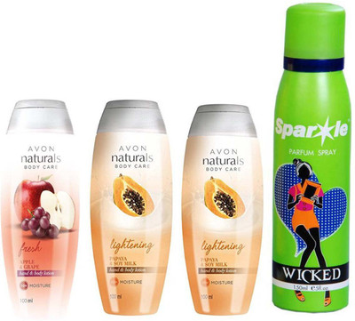 

Avon Anew two Naturals Papaya & Soy Milk Hand & Body Lotion (100 ml) & one Naturals Apple & Grape hand & Body lotion (100 ml) With one sparkle perfume spray 150 ml(Set of 4)