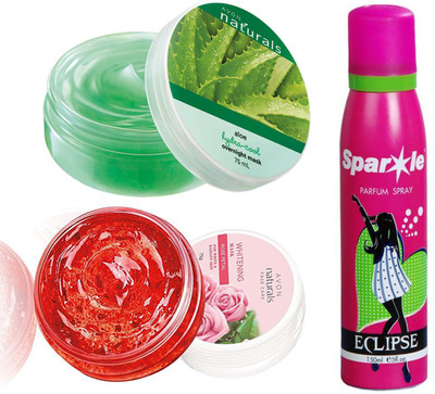 

Avon Anew Natural Face care Whitening Mask -Rose Petal (75 g) & one Naturals Hydration Mask Aloe Vera (75 g) With one sparkle perfume spray 150 ml(Set of 3)