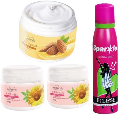 

Avon Anew two NATURALS COLD CREAM WHITENING (50 g) & one NATURALS COLD CREAM NURISHING (50 g) With one sparkle perfume spray 150 ml(Set of 4)