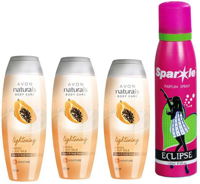

Avon Anew three Naturals Papaya & Soy Milk Hand & Body Lotion (100 ml) With one sparkle perfume spray 150 ml(Set of 4)