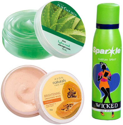 

Avon Anew Naturals Hydration Mask Aloe Vera (75 g) & one papaya whitening smoothies face mask (75 g) With one sparkle perfume spray 150 ml(Set of 3)