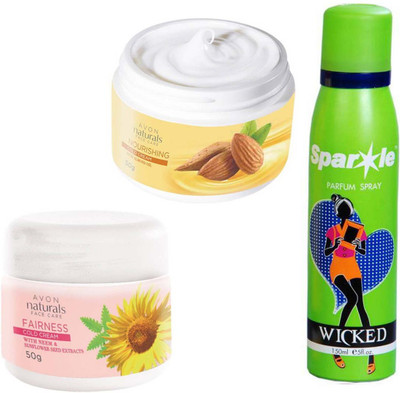 

Avon Anew NATURALS COLD CREAM NURISHING (50 g) & one NATURALS COLD CREAM WHITENING (50 g) With one sparkle perfume spray 150 ml(Set of 3)