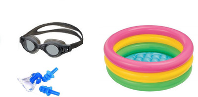 

YUKI BLACK COLOR GOGGLES, EAR & NOSE PLUG, 3 FEET MULTICOLOR TUB Swimming Kit