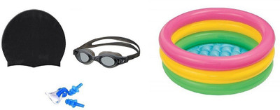

YUKI BLACK COLOR GOGGLES, CAP WITH EAR & NOSE PLUG, 3 FEET MULTICOLOR TUB Swimming Kit
