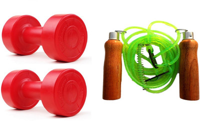 

HEALTH FIT INDIA RED COLOR 2KG VINYL PLASTIC DUMBELL AND GREEN COLOR WOODEN HANDLE SKIPPING ROPE Gym & Fitness Kit
