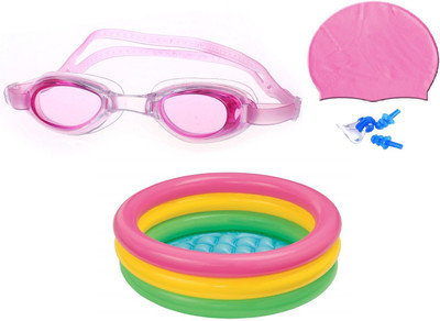 

HEALTH FIT INDIA BLUE COLOR GOGGLES, CAP WITH EAR & NOSE PLUG, 2 FEET MULTICOLOR TUB Swimming Kit