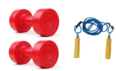 

PEANA RED COLOR VINYL PLASTIC DUMBELL AND BLUE COLOR WOODEN HANDLE SKIPPING ROPE Gym & Fitness Kit