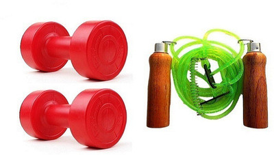 

PEANA RED COLOR 4KG VINYL PLASTIC DUMBELL AND GREEN COLOR WOODEN HANDLE SKIPPING ROPE Gym & Fitness Kit
