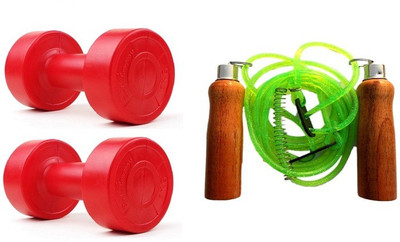 

YUKI RED COLOR 4KG VINYL PLASTIC DUMBELL AND GREEN COLOR WOODEN HANDLE SKIPPING ROPE Gym & Fitness Kit