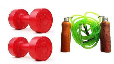 YUKI RED COLOR 5KG VINYL PLASTIC DUMBELL AND GREEN COLOR WOODEN HANDLE SKIPPING ROPE Gym & Fitness Kit