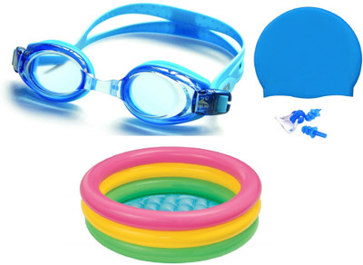 

HEALTH FIT INDIA BLUE COLOR GOGGLES, CAP WITH EAR & NOSE PLUG, 3 FEET MULTICOLOR TUB Swimming Kit