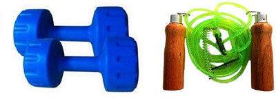 

FACTO POWER BLUE COLOR 5KG VINYL PLASTIC DUMBELL AND GREEN COLOR WOODEN HANDLE SKIPPING ROPE Gym & Fitness Kit