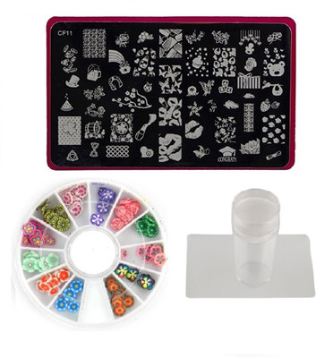 

Royalkart Nail Art Stamping Kit Jumbo Image Plate With Soft Nail Silicon Stamper, Scrapper & 3D Nail Art Wheel(CF11)(multi color)