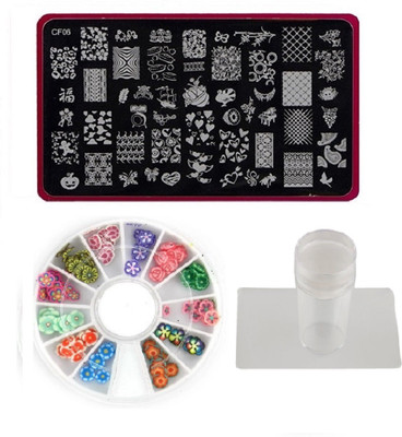 

Royalkart Nail Art Stamping Kit Jumbo Image Plate With Soft Nail Silicon Stamper, Scrapper & 3D Nail Art Wheel(CF06)(multi color)