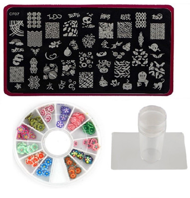 

Royalkart Nail Art Stamping Kit Jumbo Image Plate With Soft Nail Silicon Stamper, Scrapper & 3D Nail Art Wheel(CF07)(multi color)