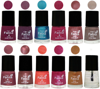 

Fabia Premium Collection 12 Piece Color Nail Polish Shades Cherry Blossom-Light Jam-Denim-Hot Magenta-Lip-Light Beige-Dusty Pink-Dark Red Chrome-Peach-Light Magenta-Golden -Top Coat(Pack of 12)