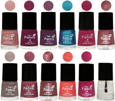 

Fabia Premium Collection 12 Piece Color Nail Polish Shades Shrimp Pastell-Cherry Blossom-Light Jam-Denim-Hot Magenta-Lip-Light Beige-Dusty Pink-Dark Red Chrome-Peach-Light Magenta-Top Coat(Pack of 12)