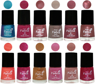 

Fabia Premium Lacquer Extra Shine Nail Polish Shades Of (12 Pcs Nail Polish) Denim-Hot Magenta-Lip-Light Beige-Dusty Pink-Dark Red Chrome-Peach-Light Magenta-Golden -Light Plum-Nude-Cherry Pink(Pack of 12)