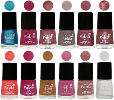 

Fabia Premium Lacquer Extra Shine Nail Polish Shades Of (12 Pcs Nail Polish) Denim-Hot Magenta-Lip-Light Beige-Dusty Pink-Dark Red Chrome-Peach-Light Magenta-Golden -Light Plum-Nude-White(Pack of 12)