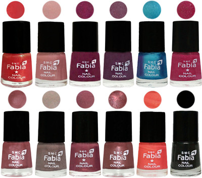 

Fabia Premium Lacquer Extra Shine Nail Polish Shades Of (12 Pcs Nail Polish) Red Orange-Shrimp Pastell-Cherry Blossom-Light Jam-Denim-Hot Magenta-Lip-Light Beige-Dusty Pink-Dark Red Chrome-Peach-Black(Pack of 12)