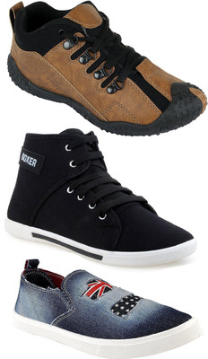 

Pexlo Combo Pack of 3 Casual & Sports Shoes (Running Shoes) Loafers For Men(Brown, Black, Blue
