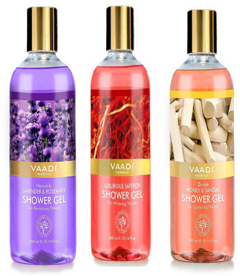 

Vaadi herbal Shower Gel, Heavenly Lavender and Rosemary+ Luxurious Saffron and Divine Honey and Sandal, 300 ml Each(900 ml, Pack of 3)