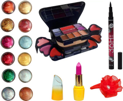 

Vozwa Face and Eye Shimmer Powder, Glitter Powder, ADS Makeup kit (8 Eyeshadow, 1 Powder Cake, 8 Lip Colour, 2 Blusher), Matte Lipstick, Waterproof Eyeliner and Band(Set of 16)