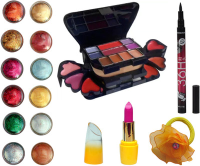 

Vozwa Face and Eye Shimmer Powder, Glitter Powder, ADS Makeup kit (8 Eyeshadow, 1 Powder Cake, 8 Lip Colour, 2 Blusher), Matte Lipstick, Waterproof Eyeliner and Band(Set of 16)