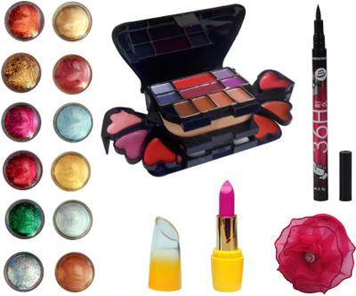 

Vozwa Face and Eye Shimmer Powder, Glitter Powder, ADS Makeup kit (8 Eyeshadow, 1 Powder Cake, 8 Lip Colour, 2 Blusher), Matte Lipstick, Waterproof Eyeliner and Band(Set of 16)