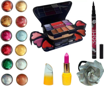 

Vozwa Face and Eye Shimmer Powder, Glitter Powder, ADS Makeup kit (8 Eyeshadow, 1 Powder Cake, 8 Lip Colour, 2 Blusher), Matte Lipstick, Waterproof Eyeliner and Band(Set of 16)
