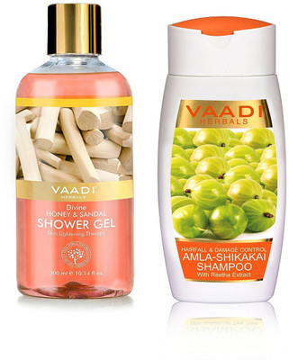 Vaadi herbal Amla Shikakai Shampoo, Hairfall and Damage Control, 110ml and Shower Gel, Divine Honey and Sandal, 300 ml(Set of 2)