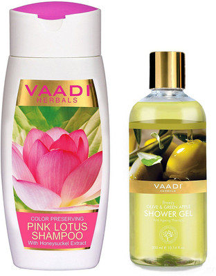 

Vaadi herbal Color Preserving Pink Lotus Shampoo with Honeysuckle Extract, 110ml and Shower Gel Breezy Olive and Green Apple, 300ml(Set of 2)
