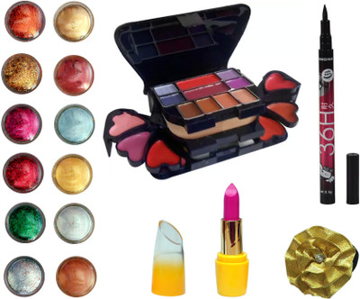 

Vozwa Face and Eye Shimmer Powder, Glitter Powder, ADS Makeup kit (8 Eyeshadow, 1 Powder Cake, 8 Lip Colour, 2 Blusher), Matte Lipstick, Waterproof Eyeliner and Band(Set of 16)