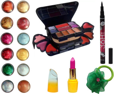 

Vozwa Face and Eye Shimmer Powder, Glitter Powder, ADS Makeup kit (8 Eyeshadow, 1 Powder Cake, 8 Lip Colour, 2 Blusher), Matte Lipstick, Waterproof Eyeliner and Band(Set of 16)