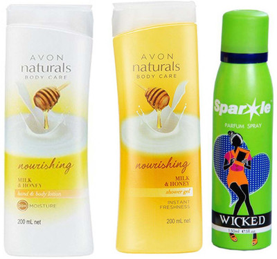 

Avon Anew NATURAL HAND BODY LOTION (200 ml) & one Naturals Body Care Nourishing Milk & Honey Shower Gel (200 ml) With one sparkle perfume spray 150 ml(Set of 3)