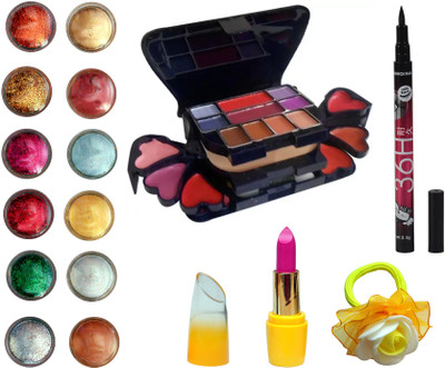 

Vozwa Face and Eye Shimmer Powder, Glitter Powder, ADS Makeup kit (8 Eyeshadow, 1 Powder Cake, 8 Lip Colour, 2 Blusher), Matte Lipstick, Waterproof Eyeliner and Band(Set of 16)