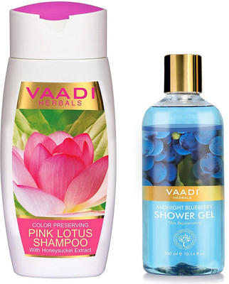 

Vaadi herbal Color Preserving Pink Lotus Shampoo with Honeysuckle Extract, 110ml and Shower Gel Midnight Blueberry, 300ml(Set of 2)