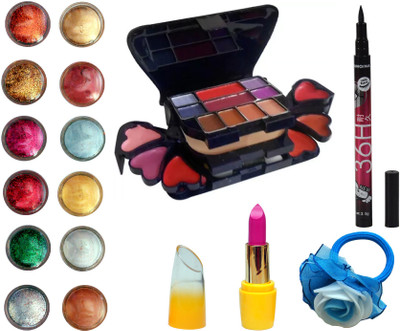 

Vozwa Face and Eye Shimmer Powder, Glitter Powder, ADS Makeup kit (8 Eyeshadow, 1 Powder Cake, 8 Lip Colour, 2 Blusher), Matte Lipstick, Waterproof Eyeliner and Band(Set of 16)