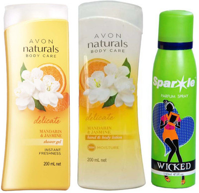 

Avon Anew Mandarin and Jasmine Hand Body Lotion (200 ml) & one Naturals Mandarine & Jasmine Shower Gel (200 ml) With one sparkle perfume spray 150 ml(Set of 3)