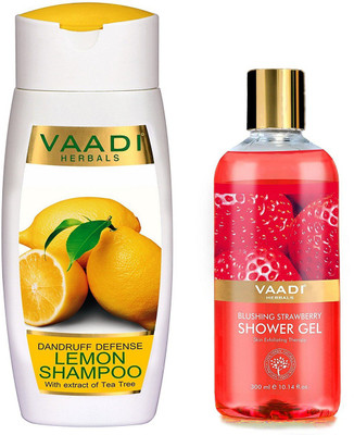 

Vaadi herbal Dandruff Defense Lemon Shampoo with Extract of Tea Tree, 110ml and Shower Gel, Blushing Strawberry, 300 ml(Set of 2)