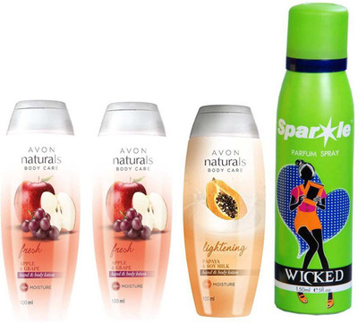 

Avon Anew two Naturals Apple & Grape hand & Body lotion (100 ml) & one Naturals Papaya & Soy Milk Hand & Body Lotion (100 ml) With one sparkle perfume spray 150 ml(Set of 4)