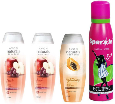 

Avon Anew two Naturals Apple & Grape hand & Body lotion (100 ml) & one Naturals Papaya & Soy Milk Hand & Body Lotion (100 ml) With one sparkle perfume spray 150 ml(Set of 4)