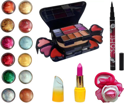 

Vozwa Face and Eye Shimmer Powder, Glitter Powder, ADS Makeup kit (8 Eyeshadow, 1 Powder Cake, 8 Lip Colour, 2 Blusher), Matte Lipstick, Waterproof Eyeliner and Band(Set of 16)