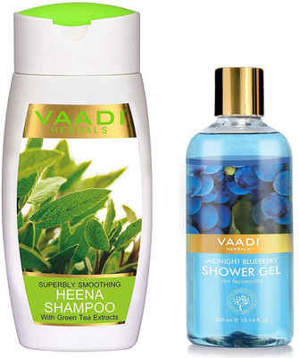 

Vaadi herbal Superbly Smoothing Heena Shampoo with Green Tea Extracts 110 and Shower Gel,Midnight Blueberry, 300ml(Set of 2)