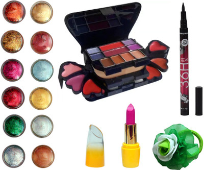 

Vozwa Face and Eye Shimmer Powder, Glitter Powder, ADS Makeup kit (8 Eyeshadow, 1 Powder Cake, 8 Lip Colour, 2 Blusher), Matte Lipstick, Waterproof Eyeliner and Band(Set of 16)