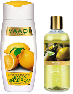 

Vaadi herbal Dandruff Defense Lemon Shampoo with Extract of Tea Tree, 110ml and Shower Gel,Breezy Olive and Green Apple, 300ml(Set of 2)