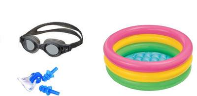 

HEALTH FIT INDIA BLACK COLOR GOGGLES, EAR & NOSE PLUG, 2 FEET MULTICOLOR TUB Swimming Kit