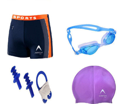 

Arrowmax Boys/mens Swimming Set Combo Of 1pc Swimming Google, 1pc Swimming Trunk Waist 36-38, 1pc Swimming Cap, 1pc Ear Nose Plug Set, Color May Vary By Krasa Swimming Kit Swimming Kit